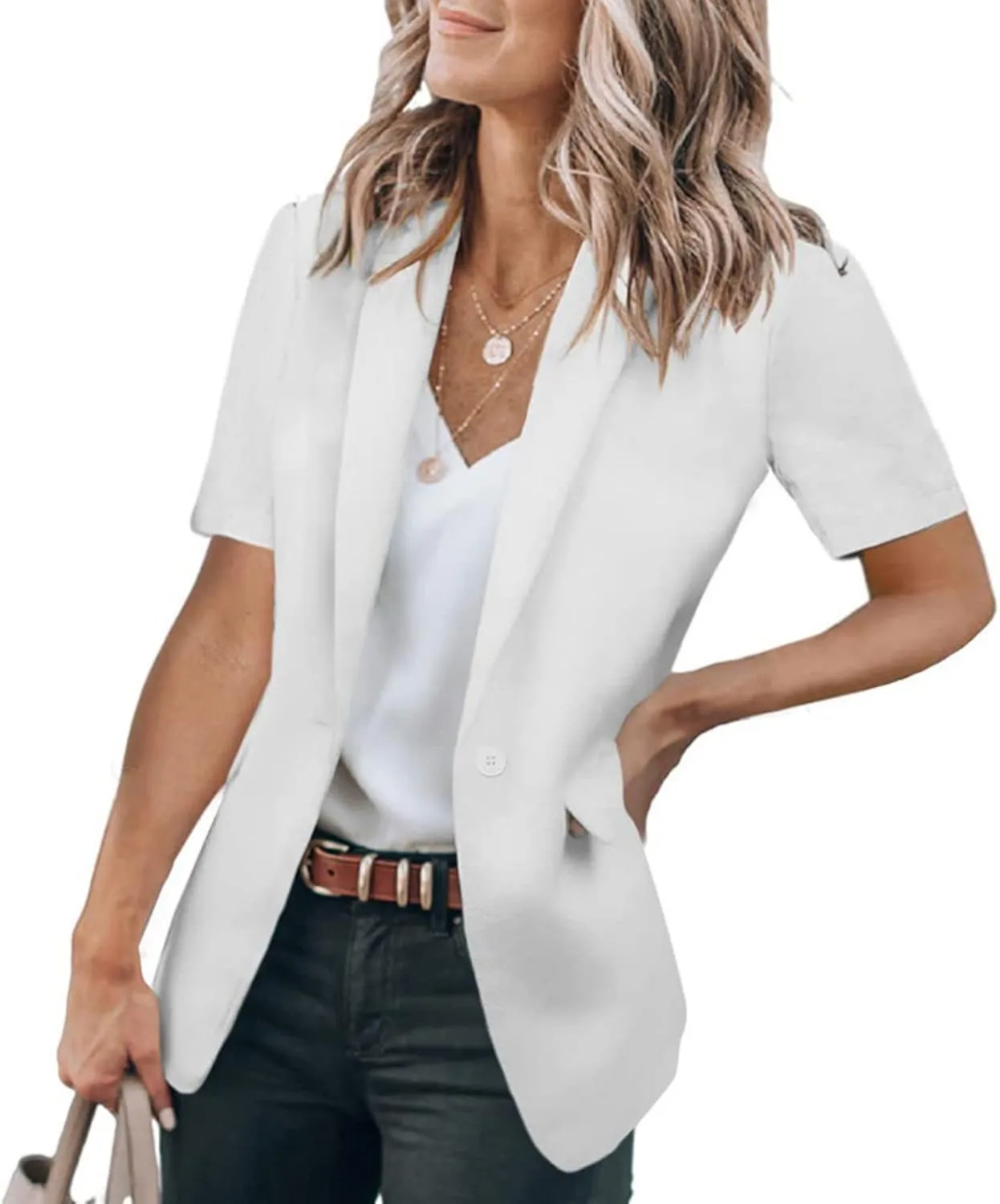 Womens Casual Blazers Open Front Short Sleeve Suit Lapel Jacket Work Office Suit Jackets Blazer with Pockets