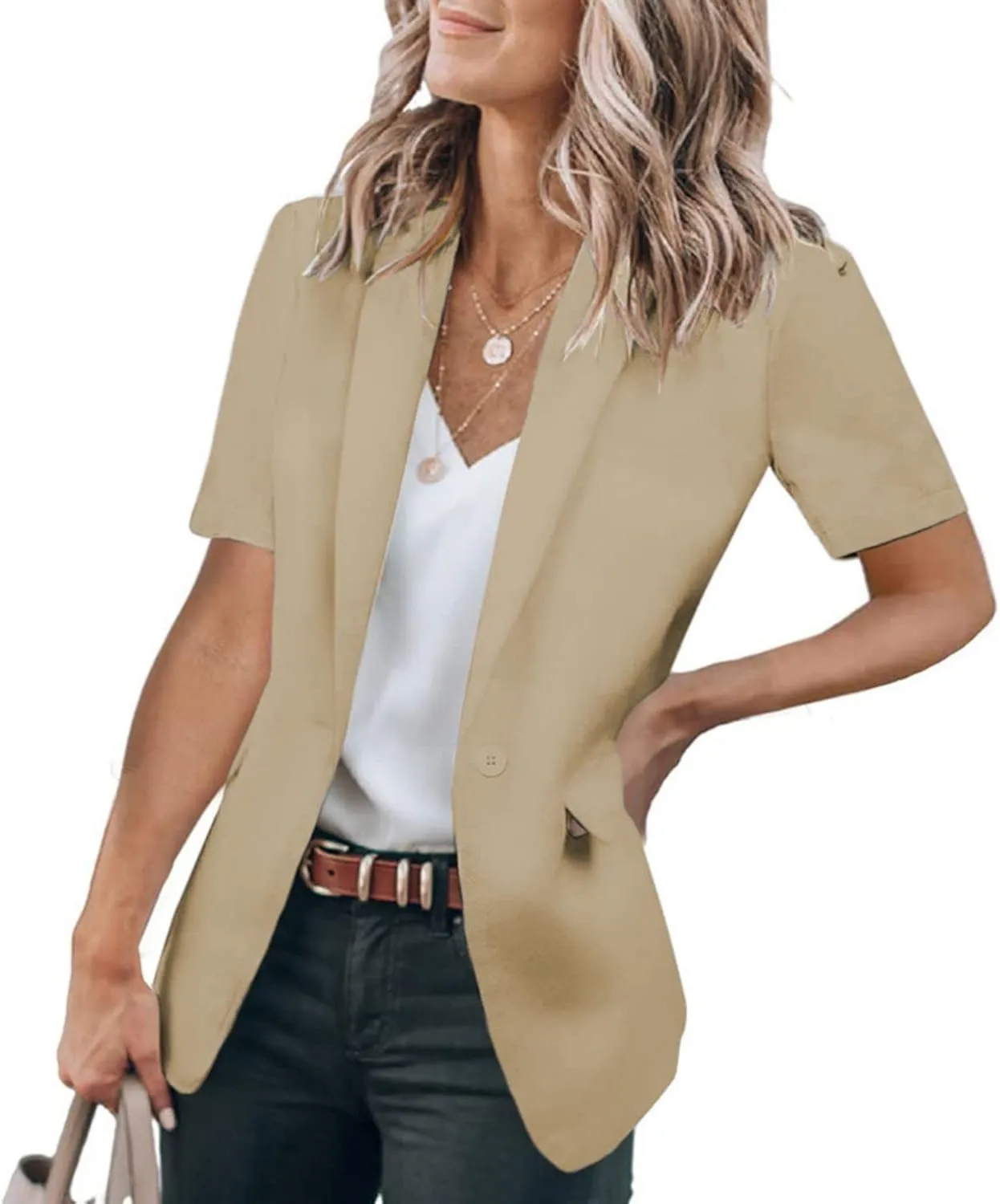 Womens Casual Blazers Open Front Short Sleeve Suit Lapel Jacket Work Office Suit Jackets Blazer with Pockets