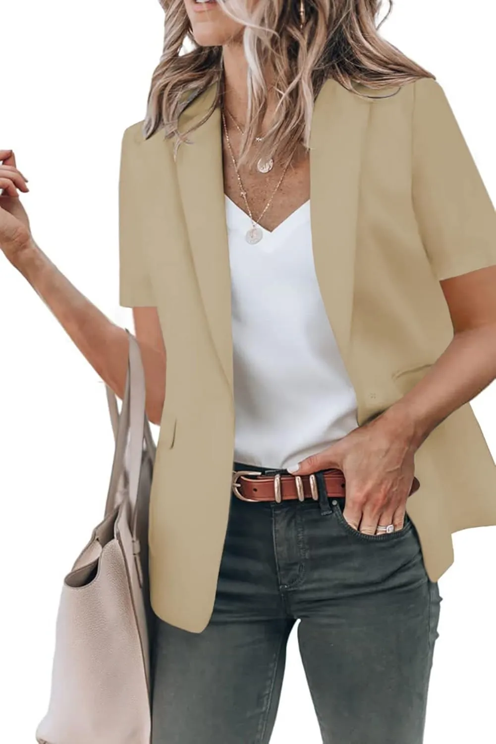 Womens Casual Blazers Open Front Short Sleeve Suit Lapel Jacket Work Office Suit Jackets Blazer with Pockets