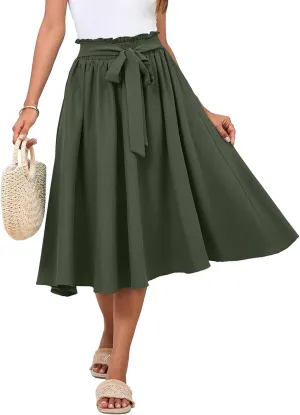 Womens Casual High Waisted A Line Boho Midi Skirt Flowy Pleated Skirts with Pocket Trendy 2025 Army Green L