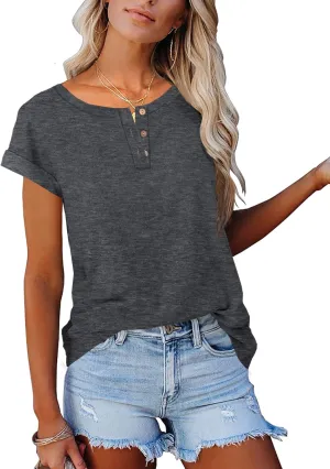 Women's Casual Short Sleeve T-Shirts Summer Basic Crew Neck Henley Shirts
