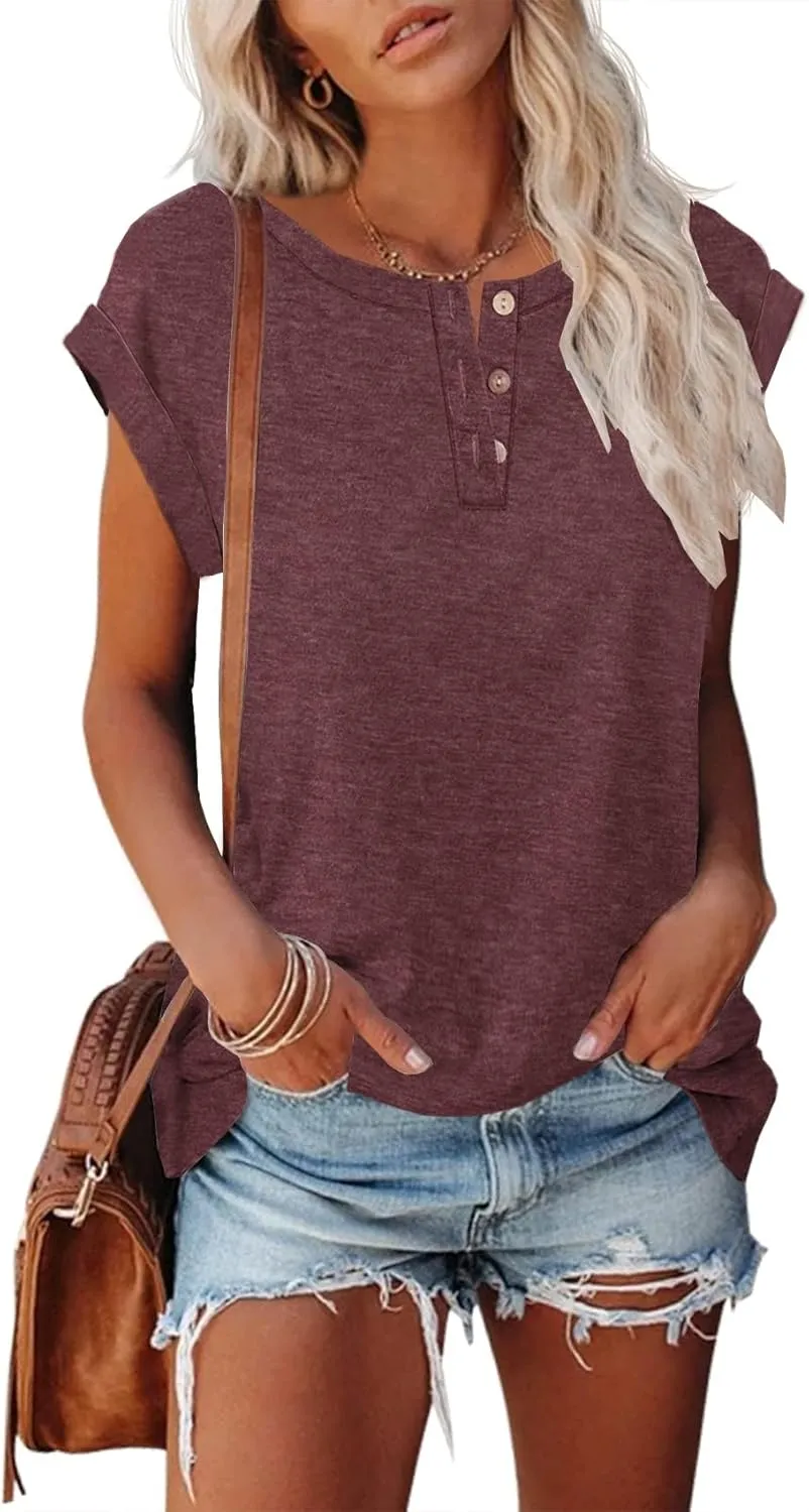 Women's Casual Short Sleeve T-Shirts Summer Basic Crew Neck Henley Shirts