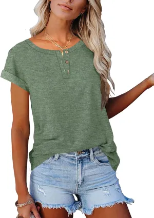 Women's Casual Short Sleeve T-Shirts Summer Basic Crew Neck Henley Shirts
