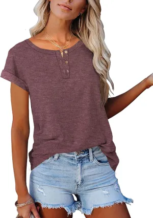 Women's Casual Short Sleeve T-Shirts Summer Basic Crew Neck Henley Shirts