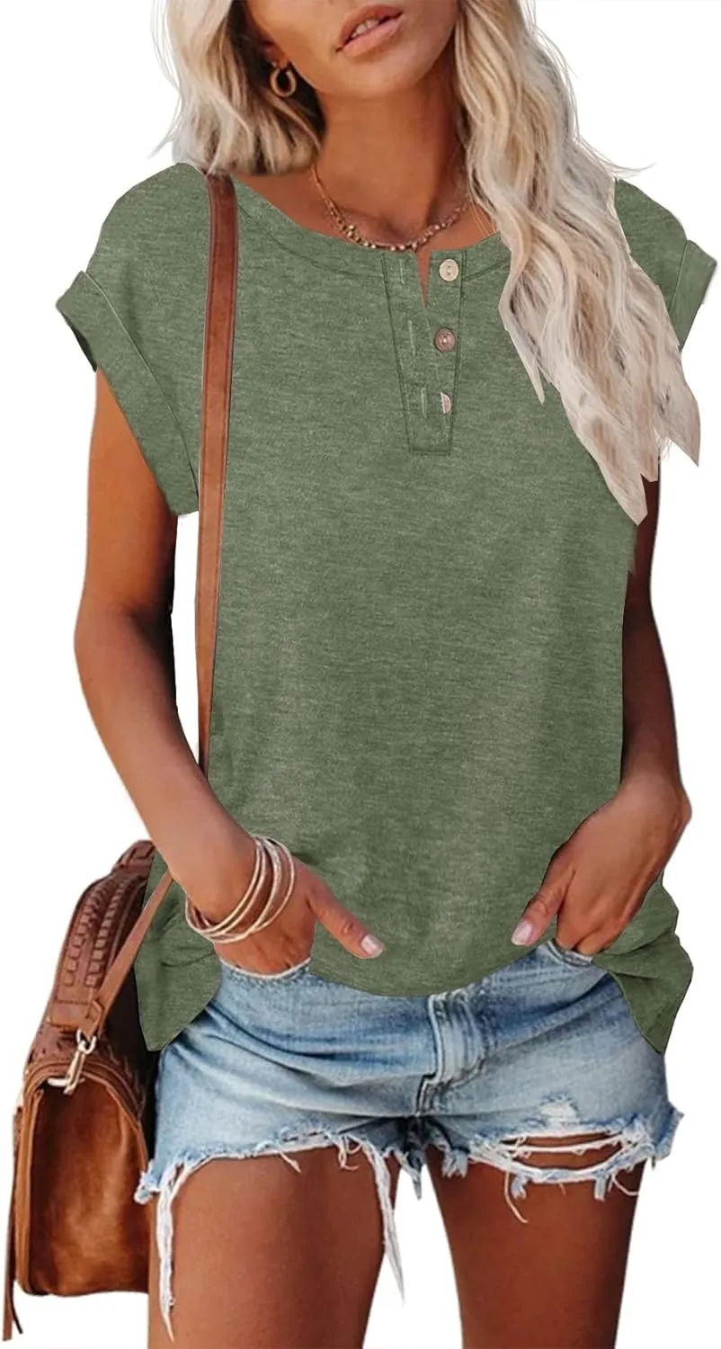 Women's Casual Short Sleeve T-Shirts Summer Basic Crew Neck Henley Shirts