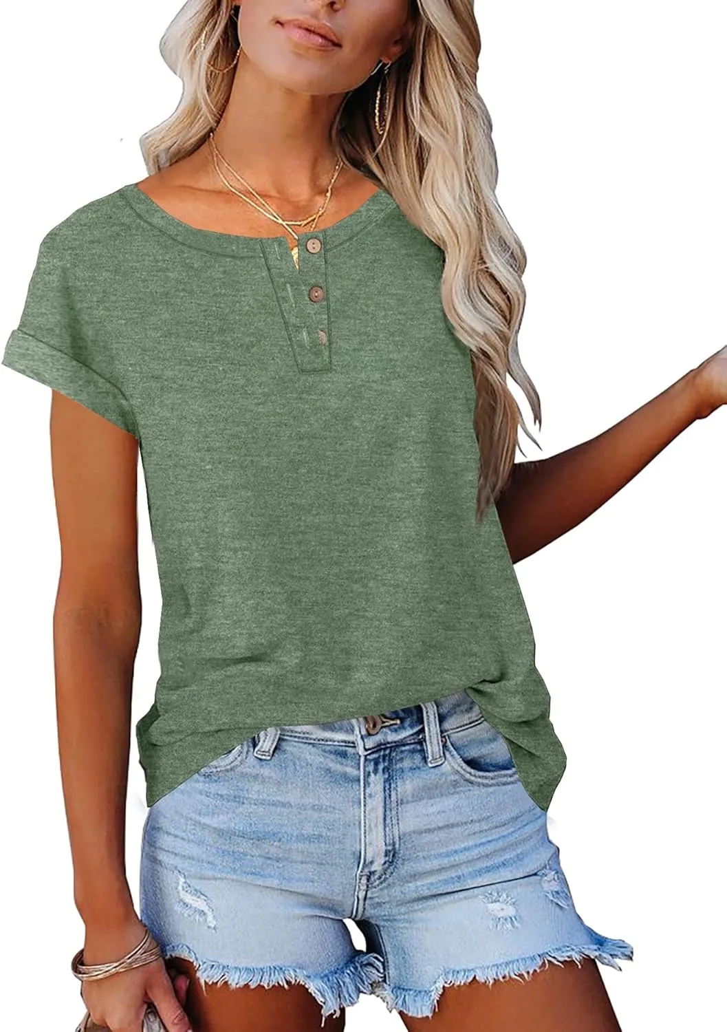 Women's Casual Short Sleeve T-Shirts Summer Basic Crew Neck Henley Shirts