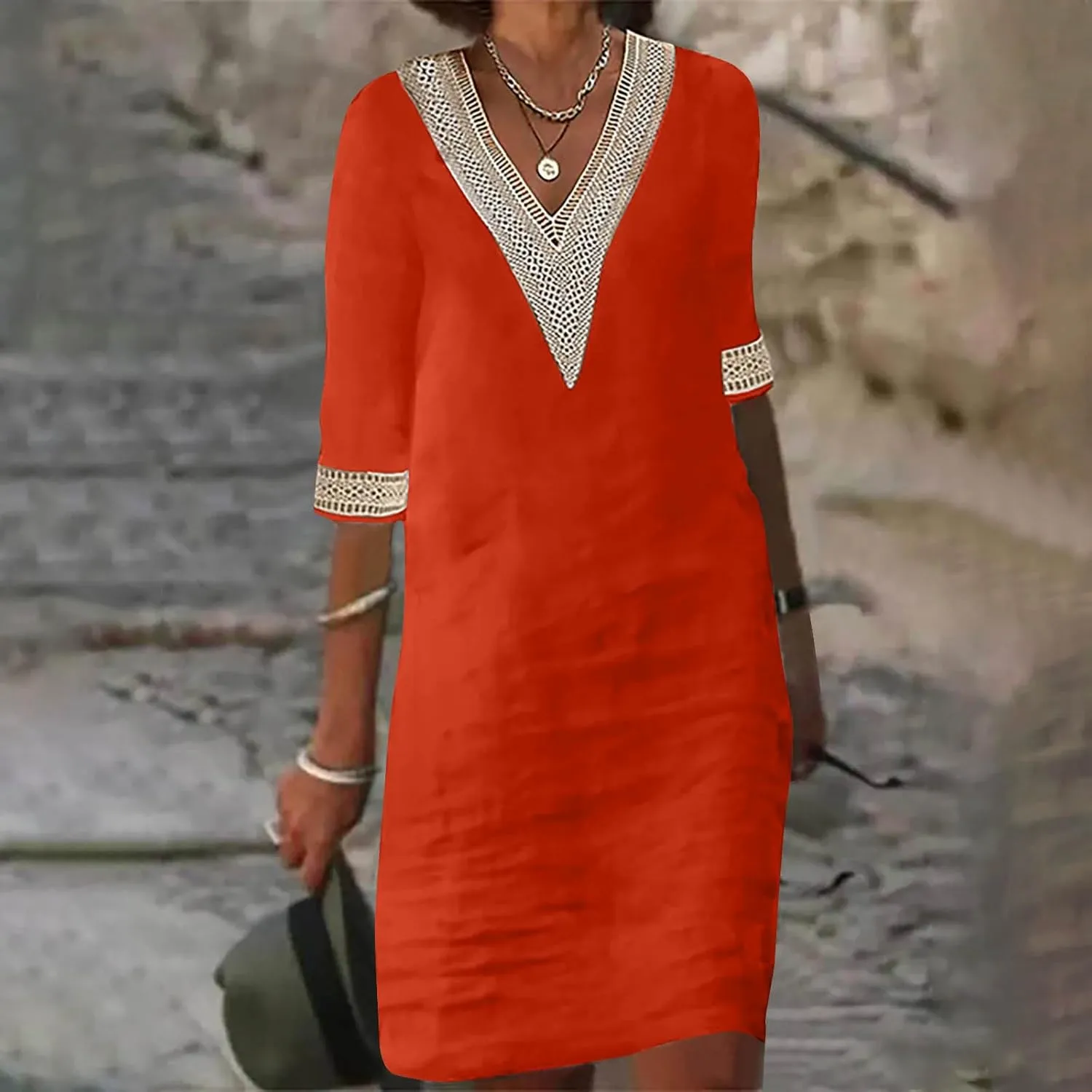 Women's Casual Summer Dresses Ruffle Sleeve V-Neck A-Line Party Dress Solid Color Spring Midi Sundress S-3XL