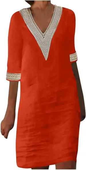 Women's Casual Summer Dresses Ruffle Sleeve V-Neck A-Line Party Dress Solid Color Spring Midi Sundress S-3XL