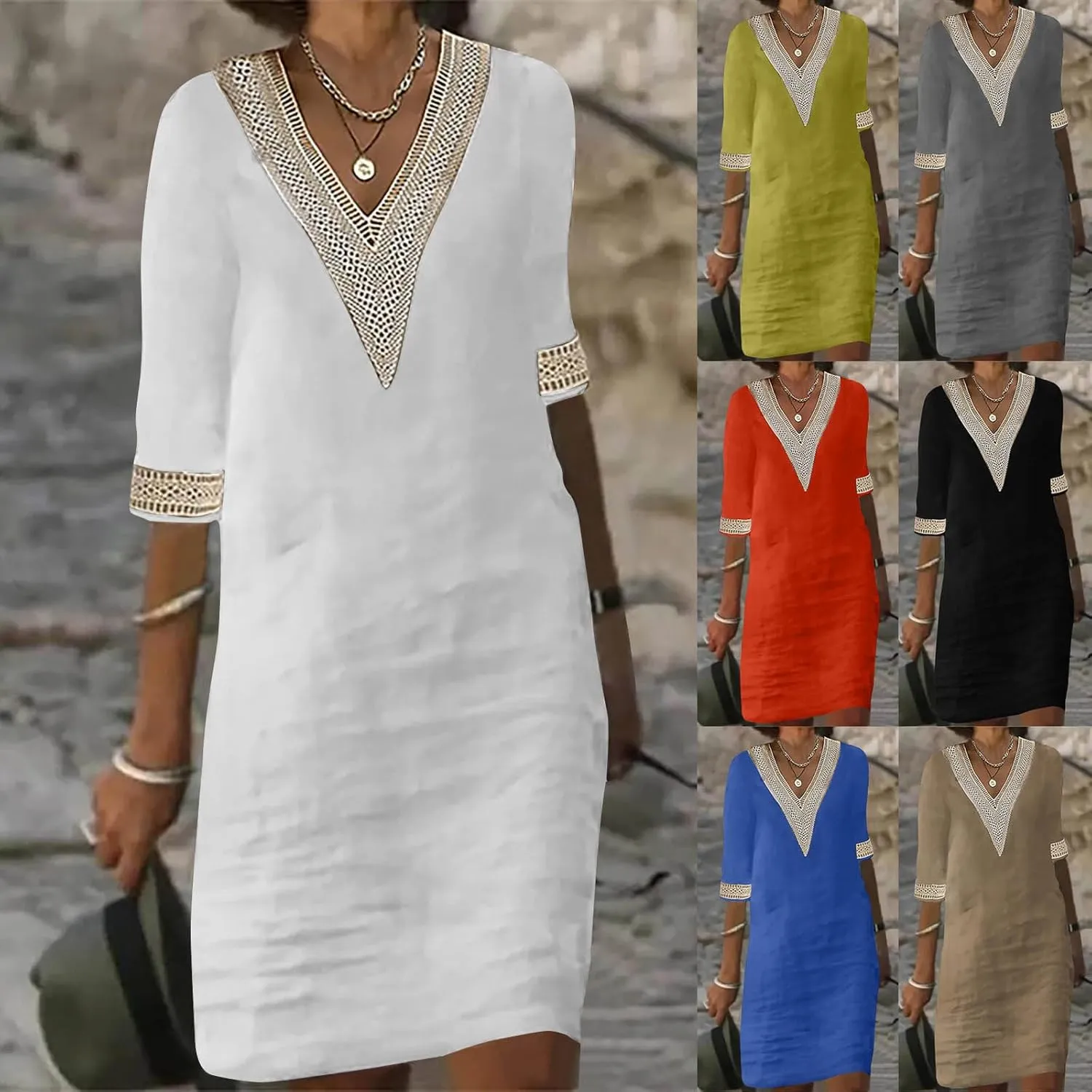 Women's Casual Summer Dresses Ruffle Sleeve V-Neck A-Line Party Dress Solid Color Spring Midi Sundress S-3XL