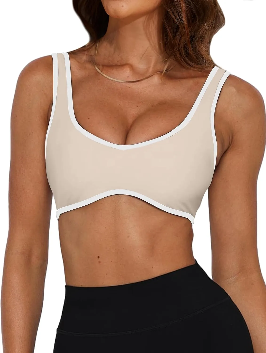 Women's Color Block Plunge V Neck Sports Bra Contrast Sleeveless Backless Sexy Slim Fit Yoga Tank Built in Bras