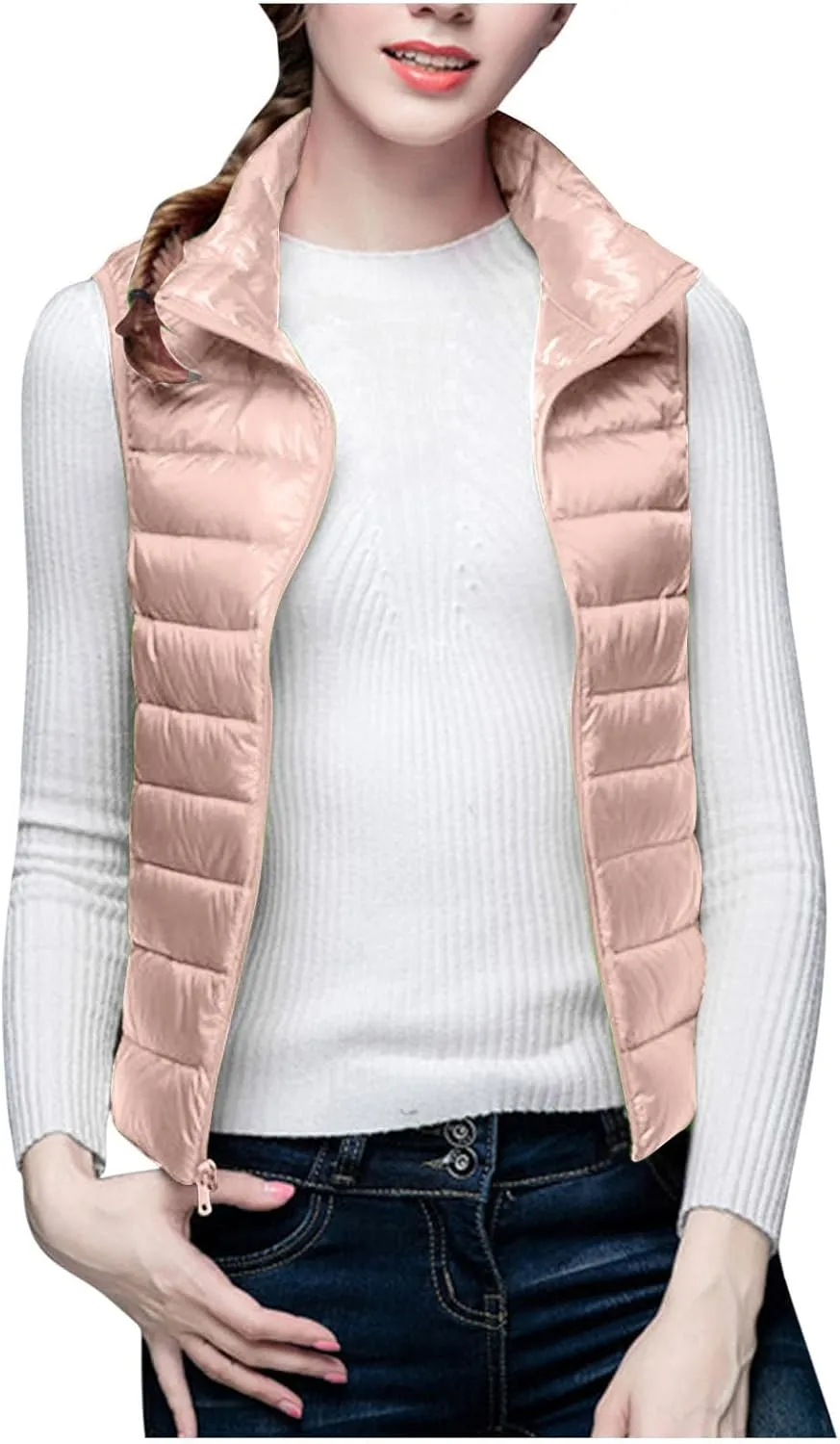Womens Down Vest Lightweight Warm Puffer Vest Zip Up Sleeveless Solid Color Slim Fit Thermal Quilted Vest Jackets