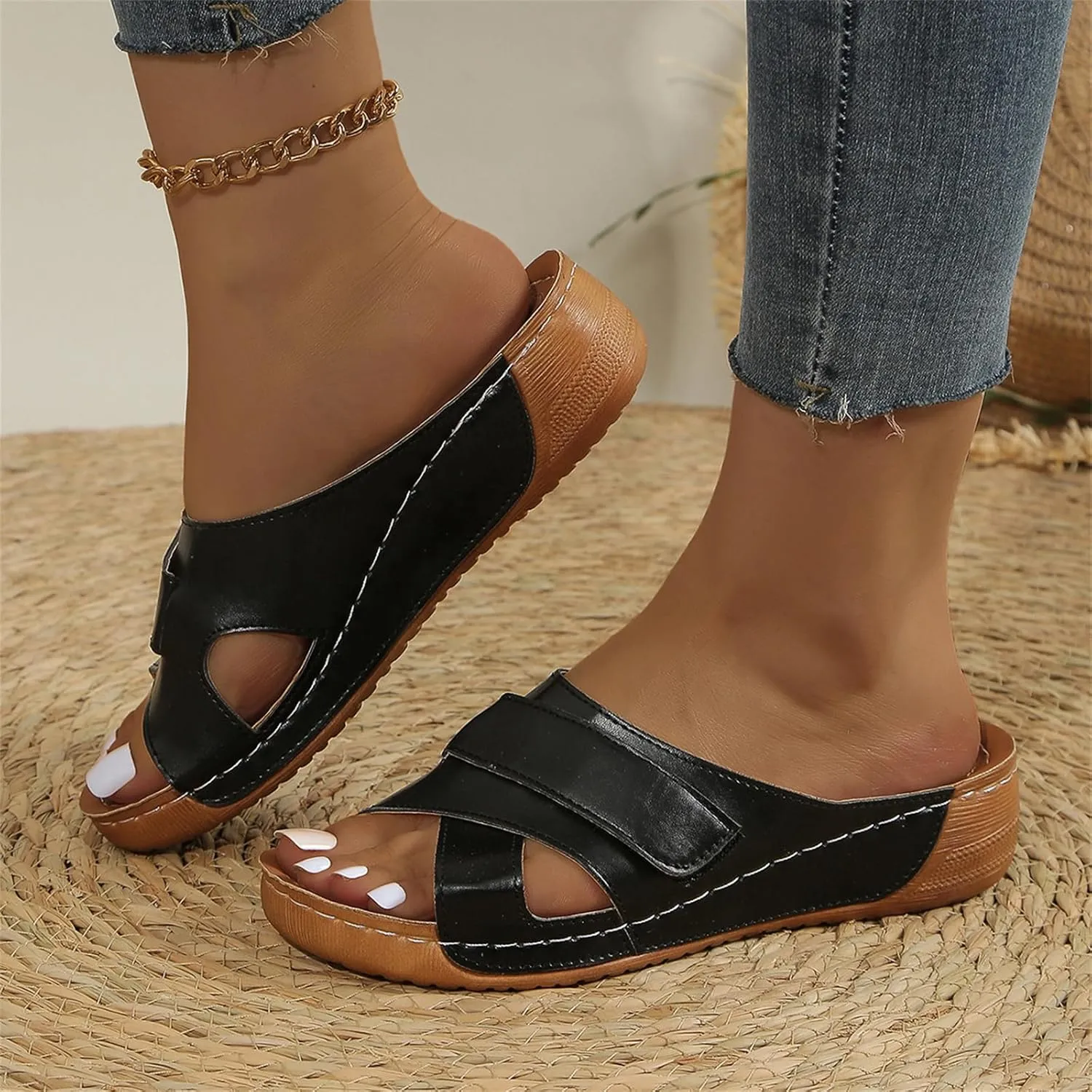 Womens Fashion Orthotic Slides Ladies Lightweight Stylish Design with Ultra-Plush Comfort Plantar Fasciitis Arch Support Slip On Thick Cushion Slippers Sandals