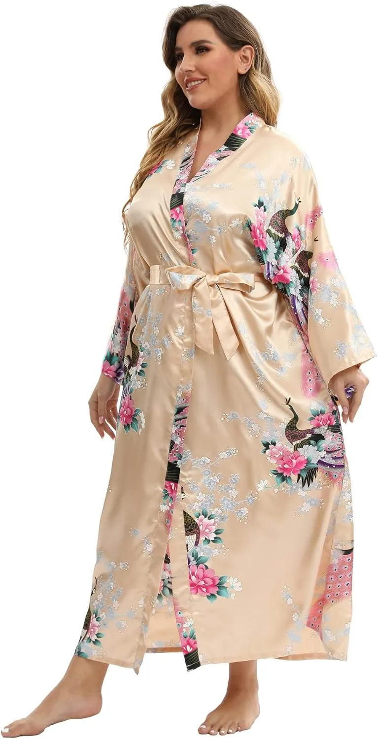 Women's Floral Long Satin Robes Plus Size Long Silk Robes Peacock Floral Kimonos Sleepwear Dressing Gown
