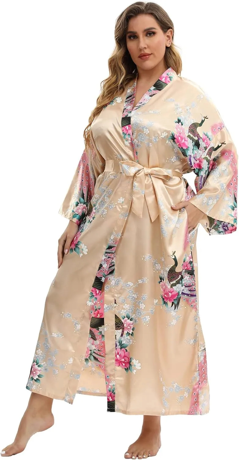 Women's Floral Long Satin Robes Plus Size Long Silk Robes Peacock Floral Kimonos Sleepwear Dressing Gown