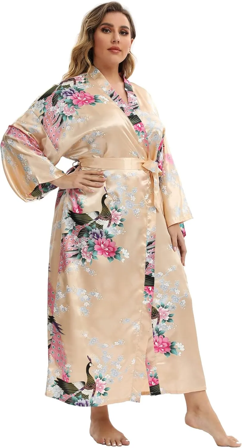 Women's Floral Long Satin Robes Plus Size Long Silk Robes Peacock Floral Kimonos Sleepwear Dressing Gown