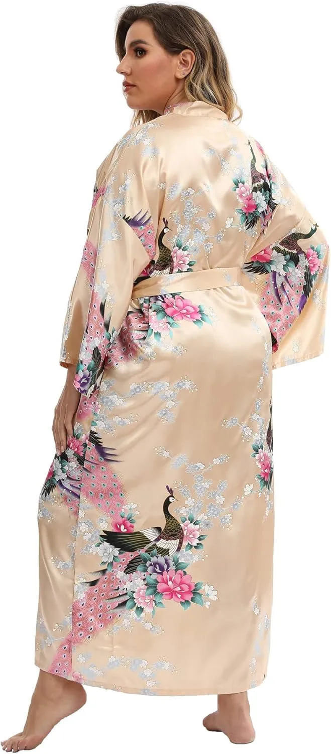 Women's Floral Long Satin Robes Plus Size Long Silk Robes Peacock Floral Kimonos Sleepwear Dressing Gown
