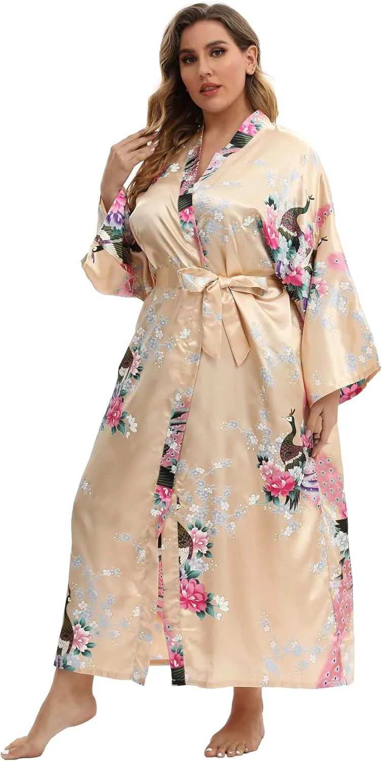 Women's Floral Long Satin Robes Plus Size Long Silk Robes Peacock Floral Kimonos Sleepwear Dressing Gown