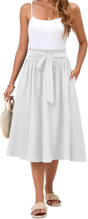 Womens Flowy Skirt Elastic Waist Below The Knee Pleated Midi Skirt with Pockets Withe M
