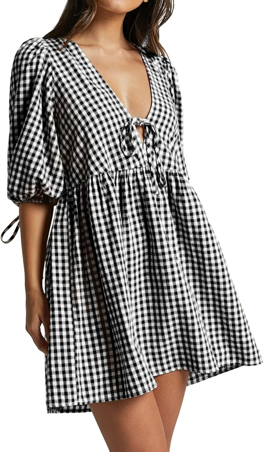 Women's Gingham Puff Sleeve Tie Front Babydoll Mini Dress
