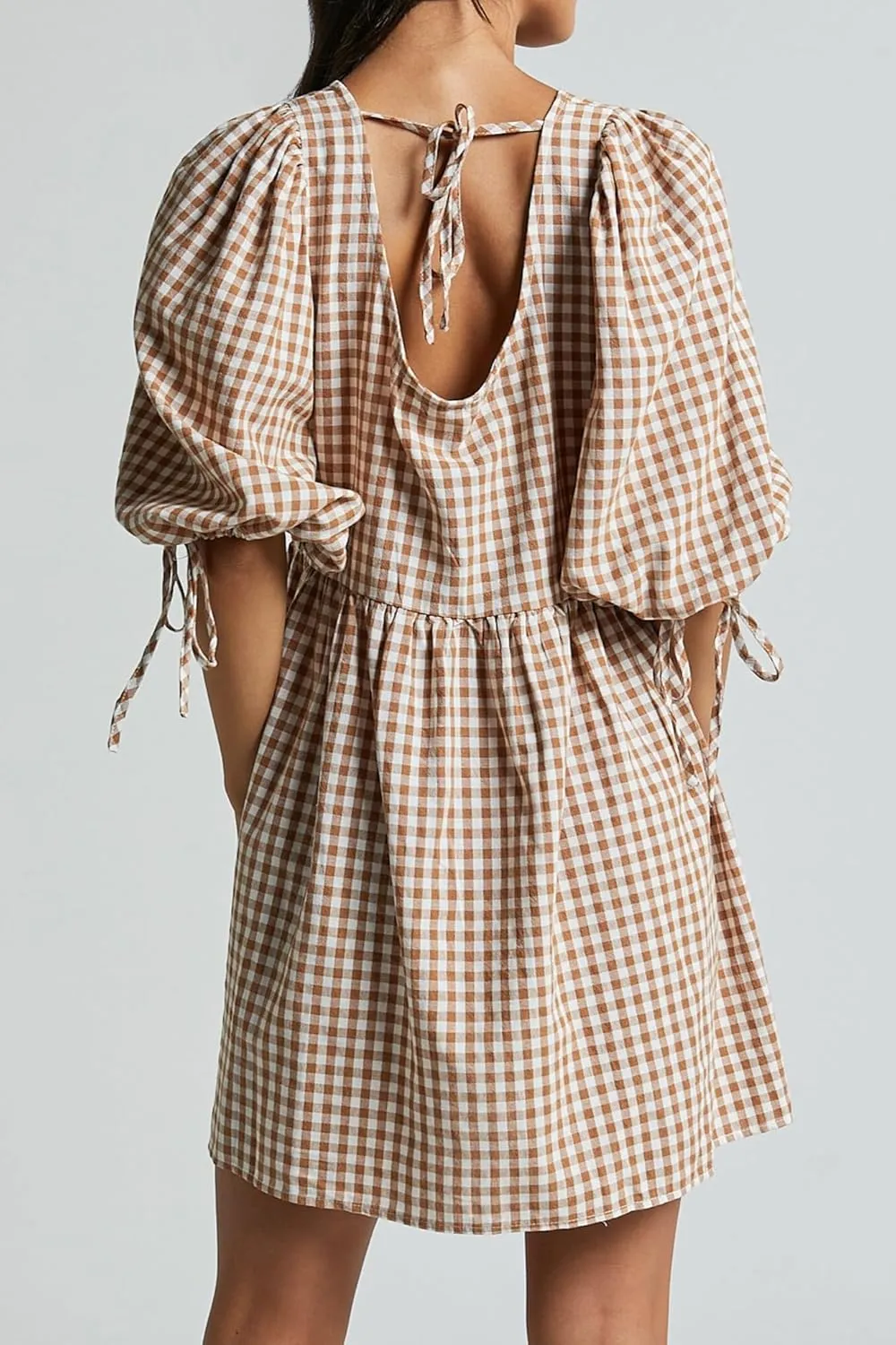 Women's Gingham Puff Sleeve Tie Front Babydoll Mini Dress