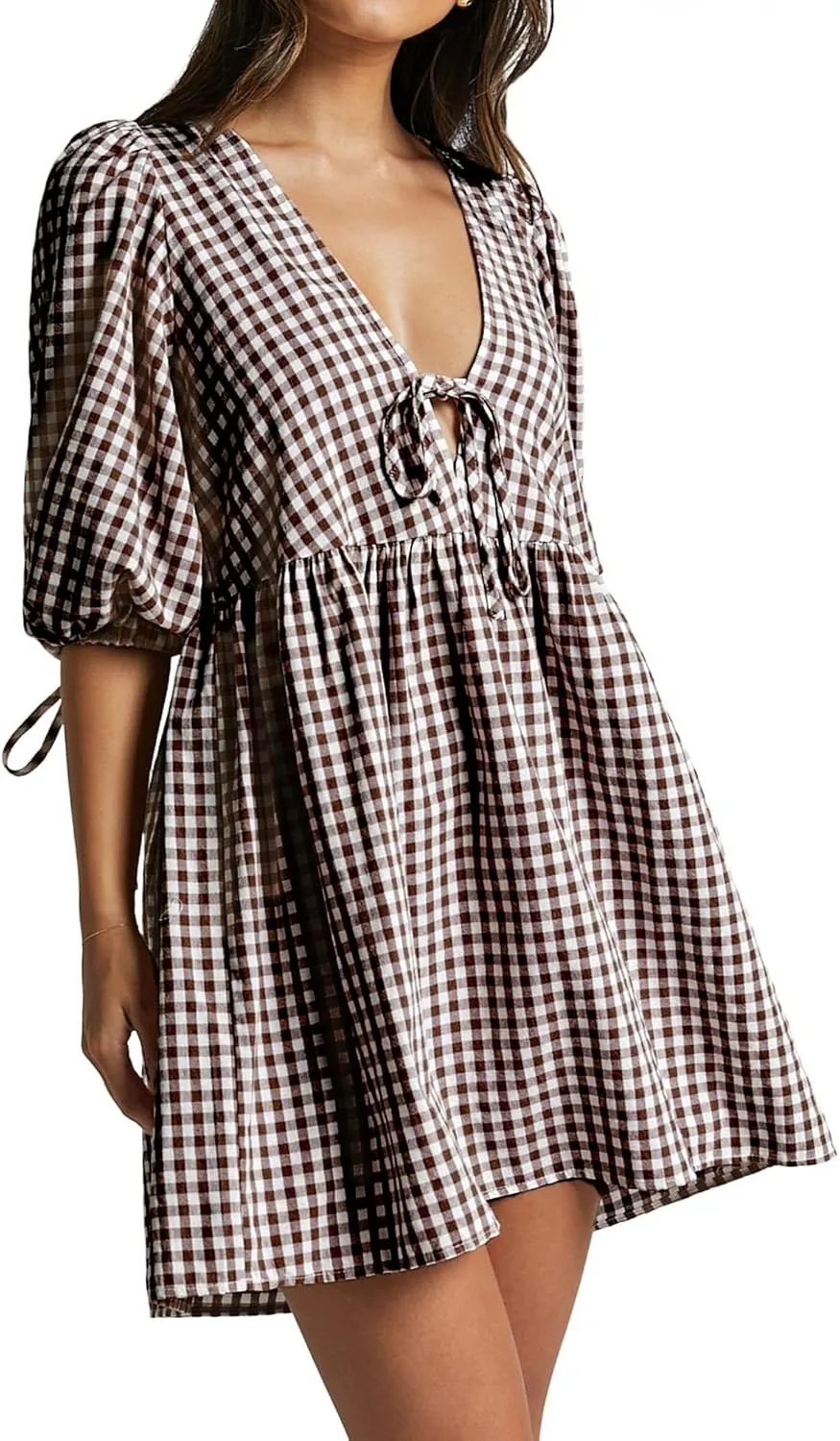 Women's Gingham Puff Sleeve Tie Front Babydoll Mini Dress