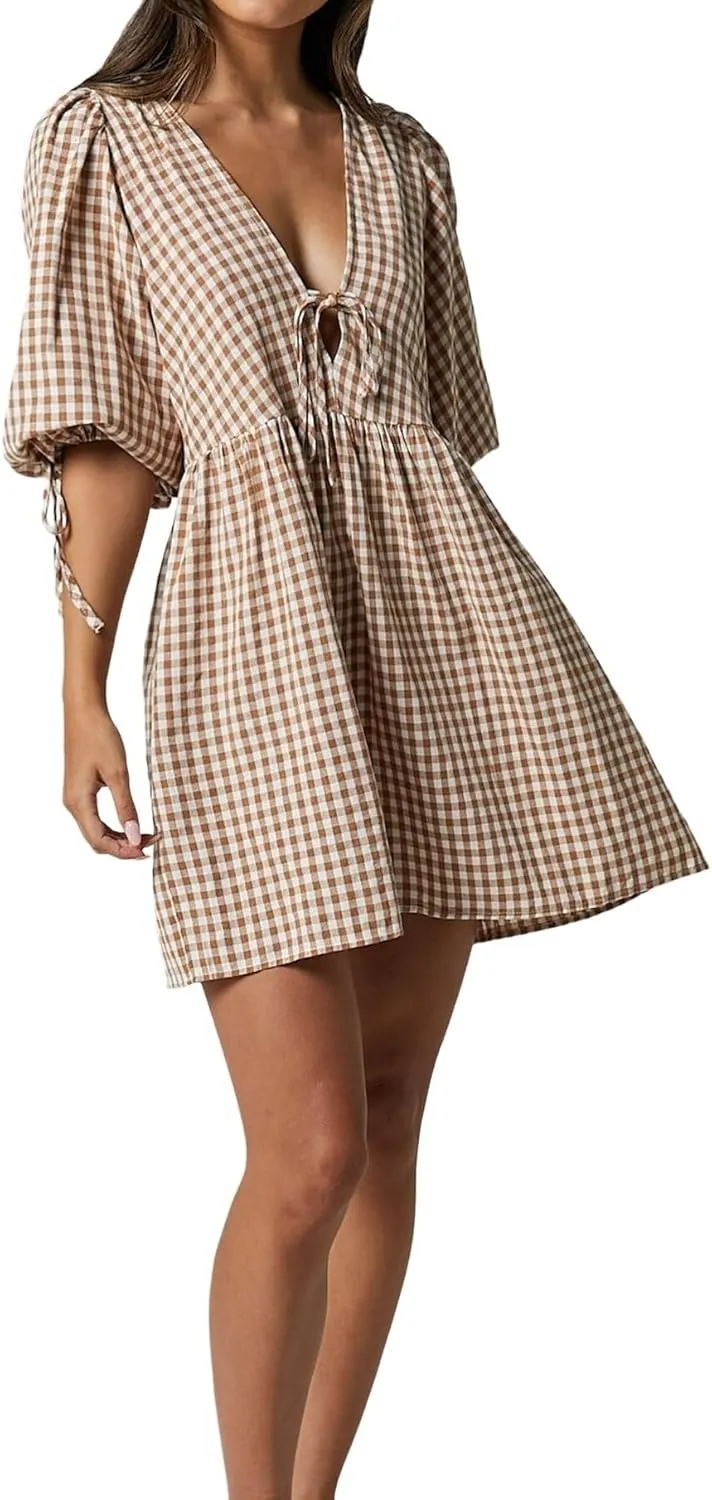 Women's Gingham Puff Sleeve Tie Front Babydoll Mini Dress