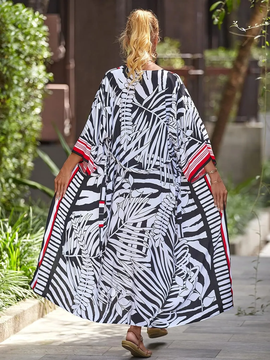 Women's Kimono Cardigan Batwing Sleeve tie dye Cover ups with Belt