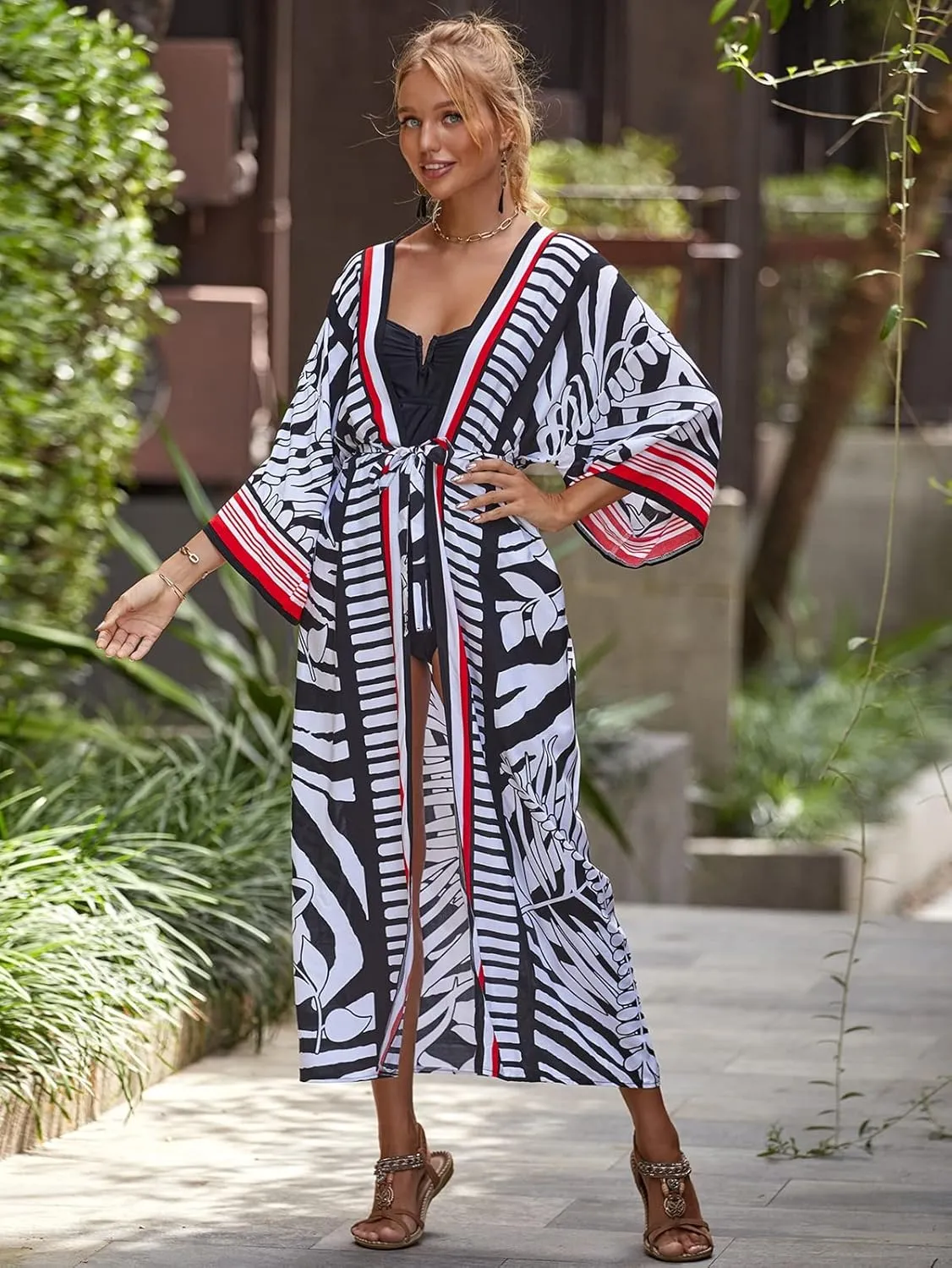 Women's Kimono Cardigan Batwing Sleeve tie dye Cover ups with Belt