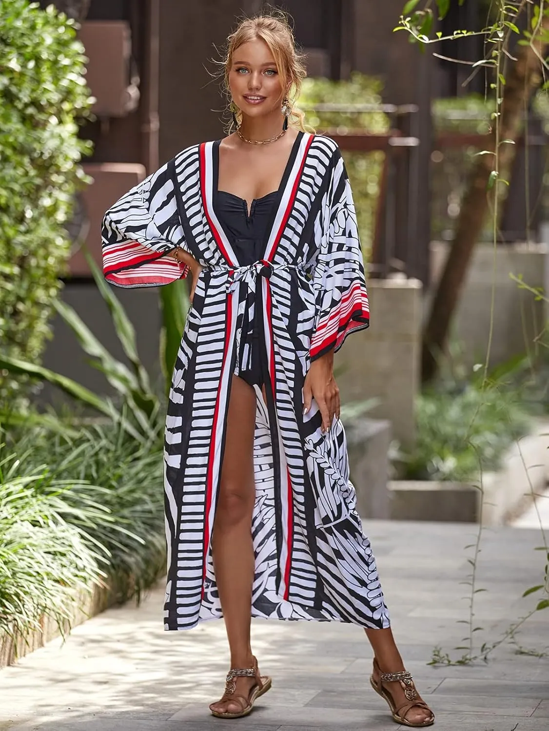 Women's Kimono Cardigan Batwing Sleeve tie dye Cover ups with Belt
