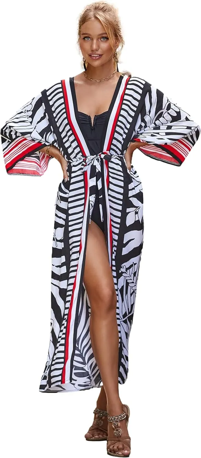 Women's Kimono Cardigan Batwing Sleeve tie dye Cover ups with Belt