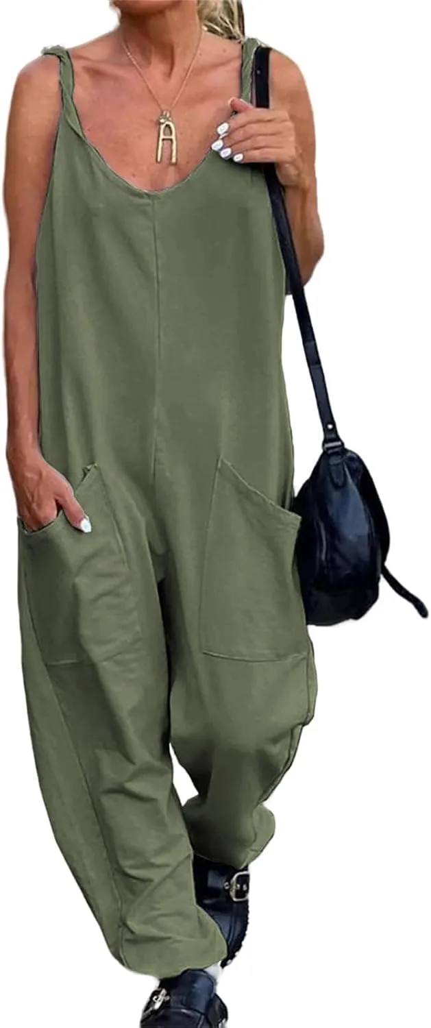 Womens One Piece Jumpsuits V Neck Sleeveless Loose Fit Overalls Spaghetti Strap Harem Solid Long Pants with Pockets