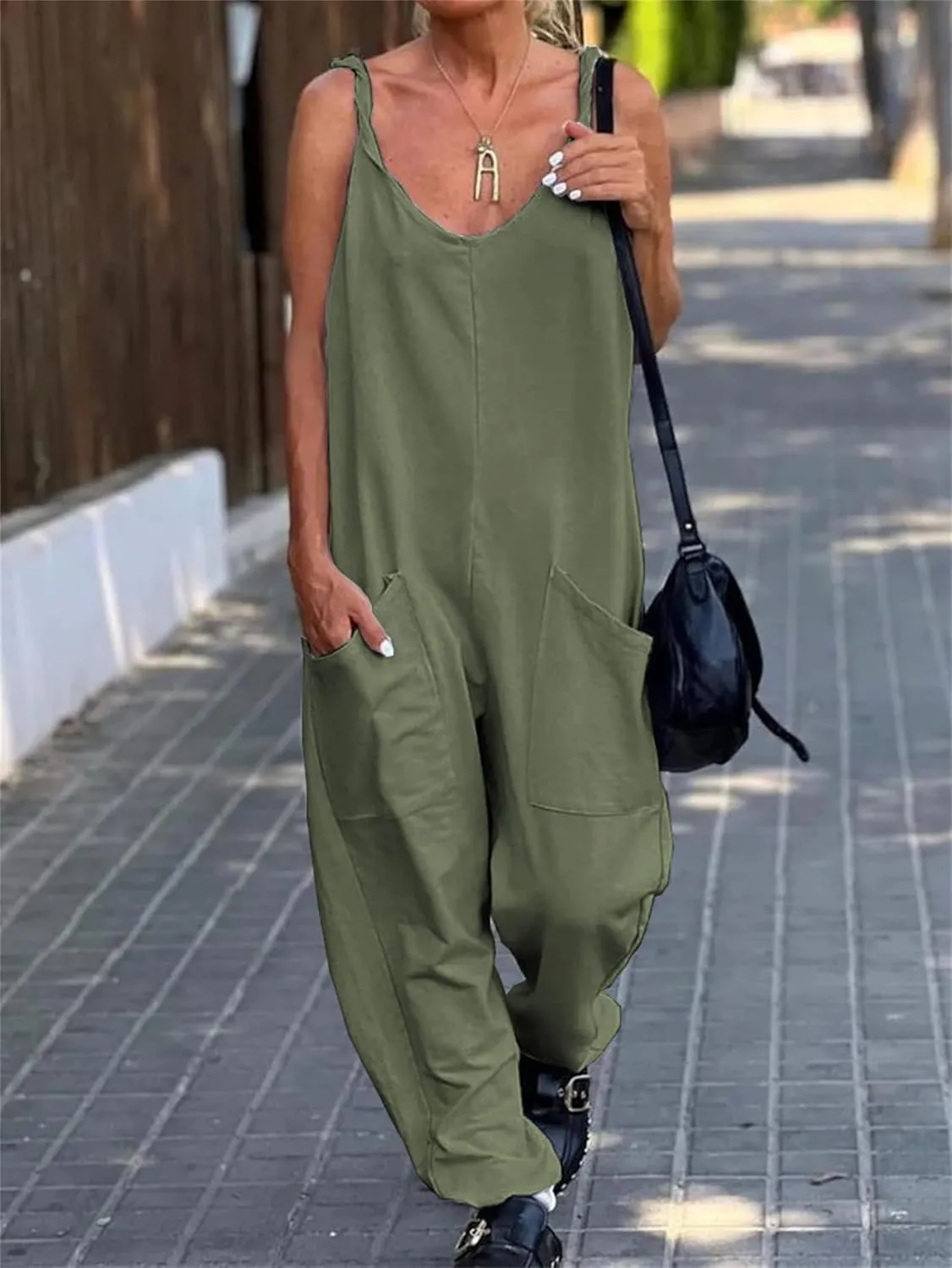 Womens One Piece Jumpsuits V Neck Sleeveless Loose Fit Overalls Spaghetti Strap Harem Solid Long Pants with Pockets