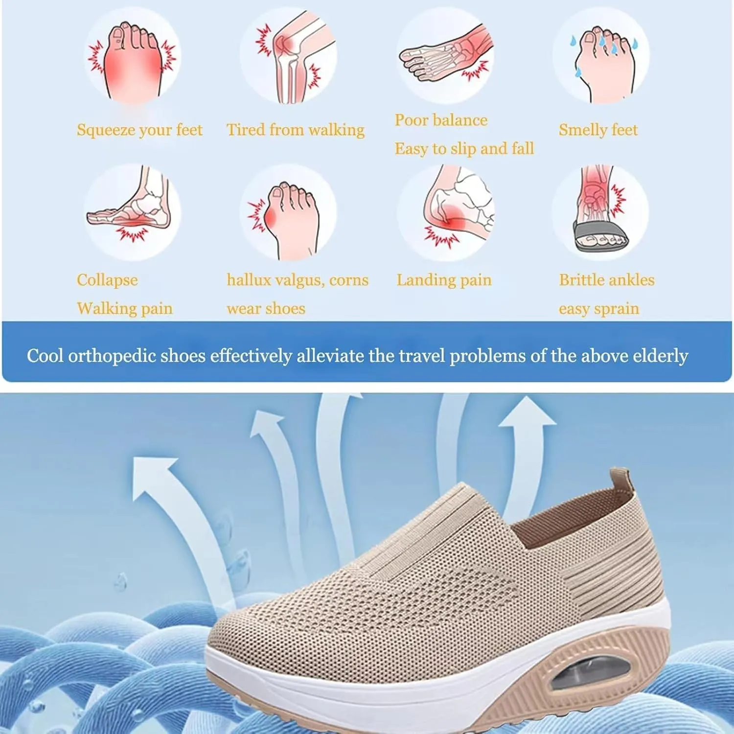 Women's Orthopedic Sneakers Air Cushion Slip on Walking Shoes Soft Stretch Diabetic Casual Breathable Wide Shoe with Arch Support