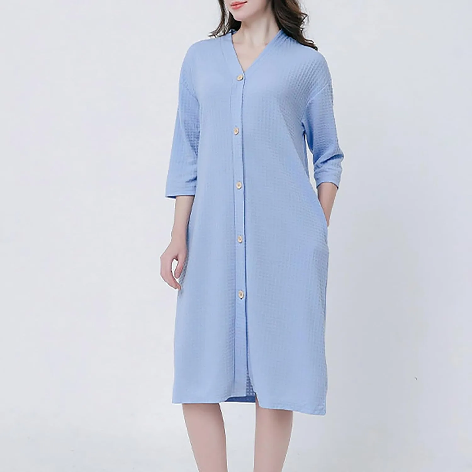 Womens Quilted Housecoat Button Down Robe 3/4 Sleeve Below Knee Sleepwear with Pockets Bathrobe Loungewear Nightgown