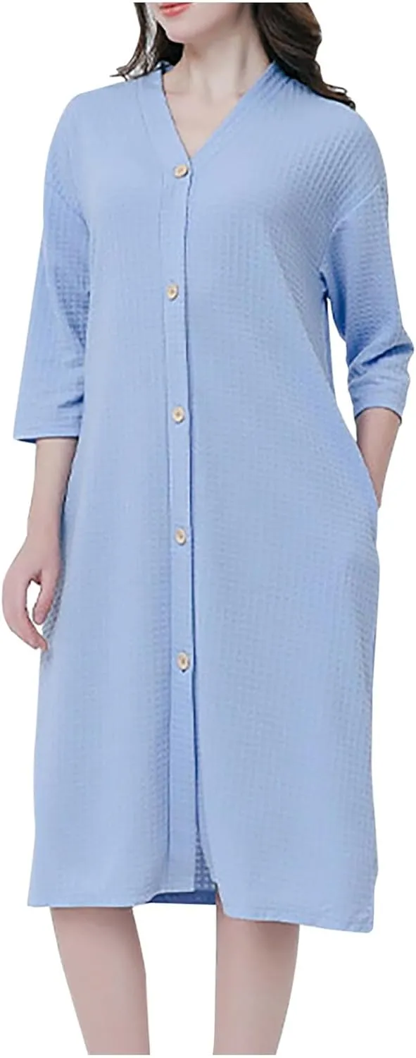 Womens Quilted Housecoat Button Down Robe 3/4 Sleeve Below Knee Sleepwear with Pockets Bathrobe Loungewear Nightgown