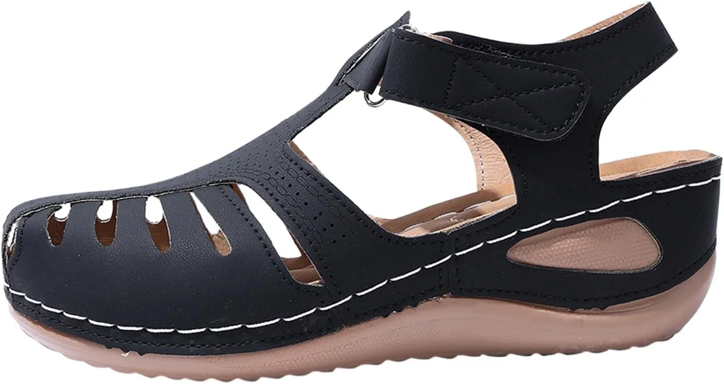 Women's Sandals Summer Retro Wedge Heel Closed Toe Thick Bottom Lightweight Sandals Hollow Platform Women