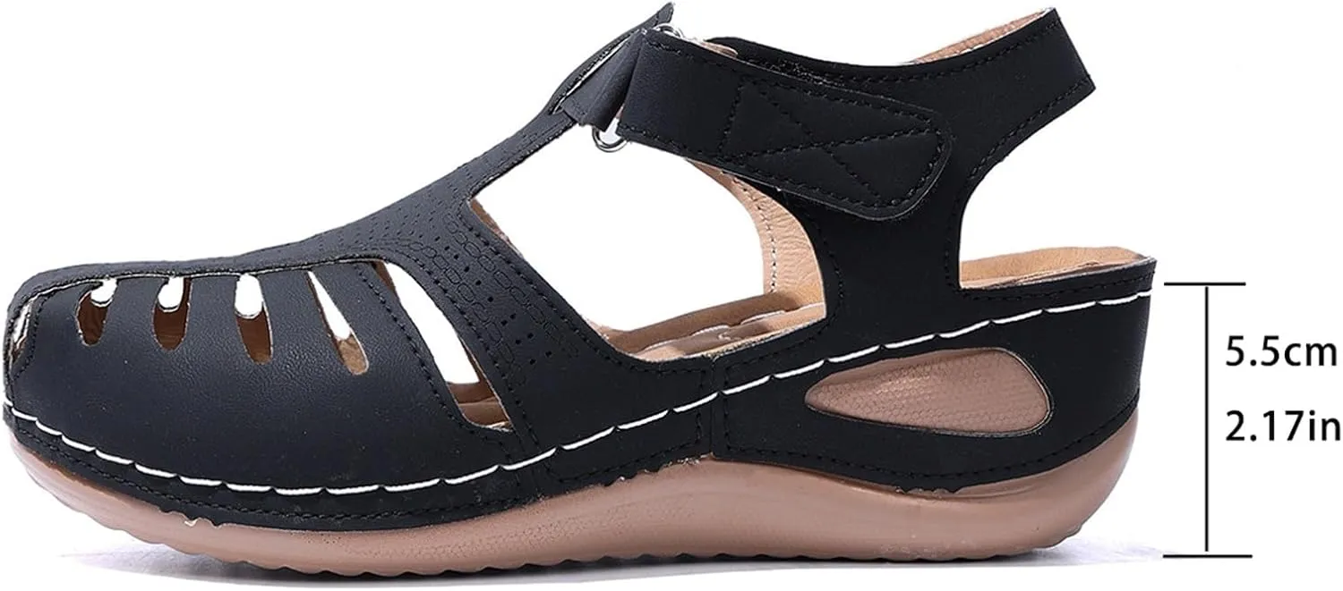 Women's Sandals Summer Retro Wedge Heel Closed Toe Thick Bottom Lightweight Sandals Hollow Platform Women