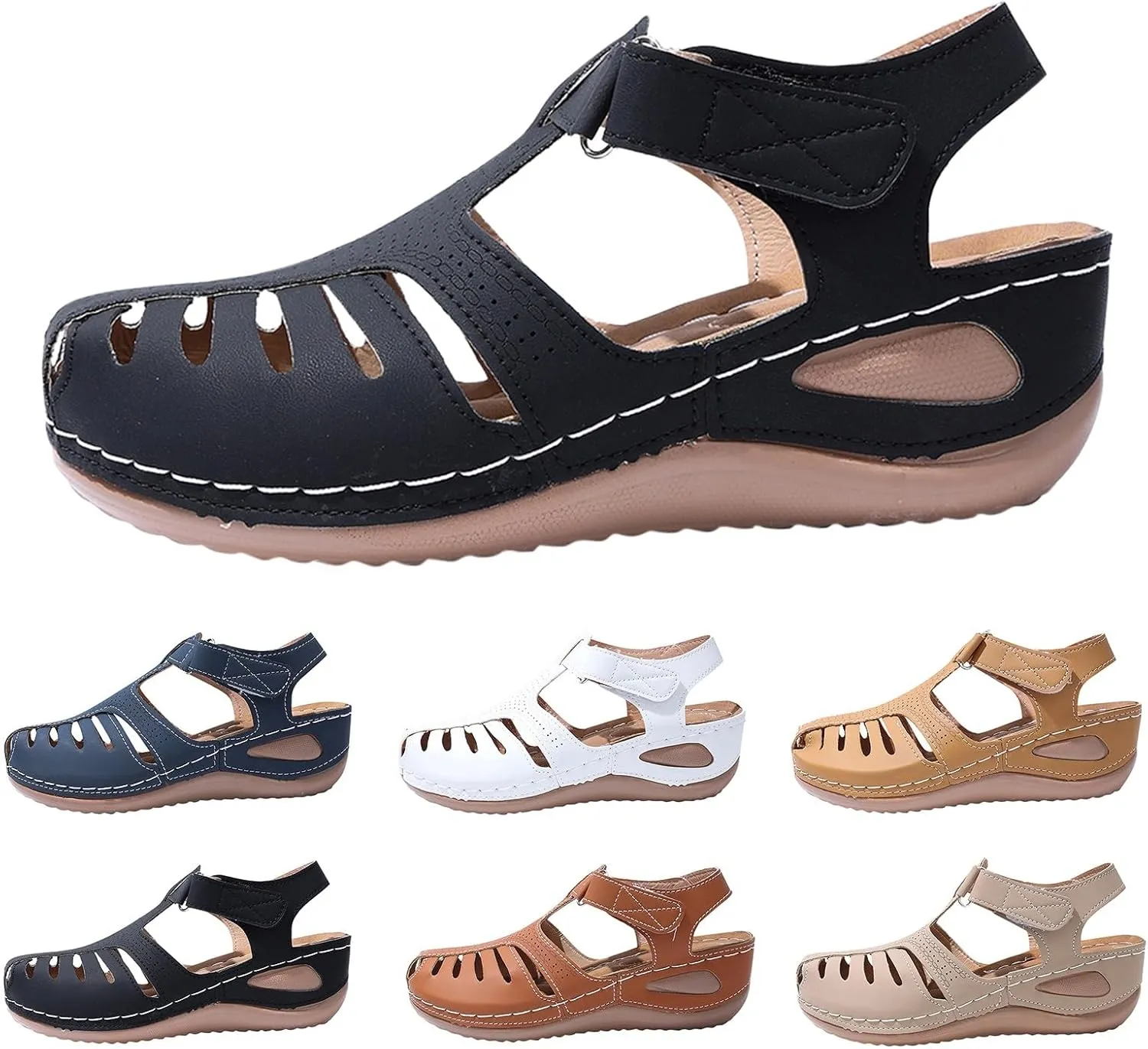 Women's Sandals Summer Retro Wedge Heel Closed Toe Thick Bottom Lightweight Sandals Hollow Platform Women