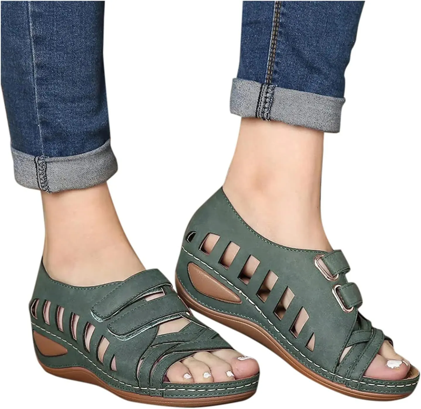 Womens Sandals With Back Strap Wide Width Trendy Summer Open Toe Vintage Double Buckle Casual Walking Shoes