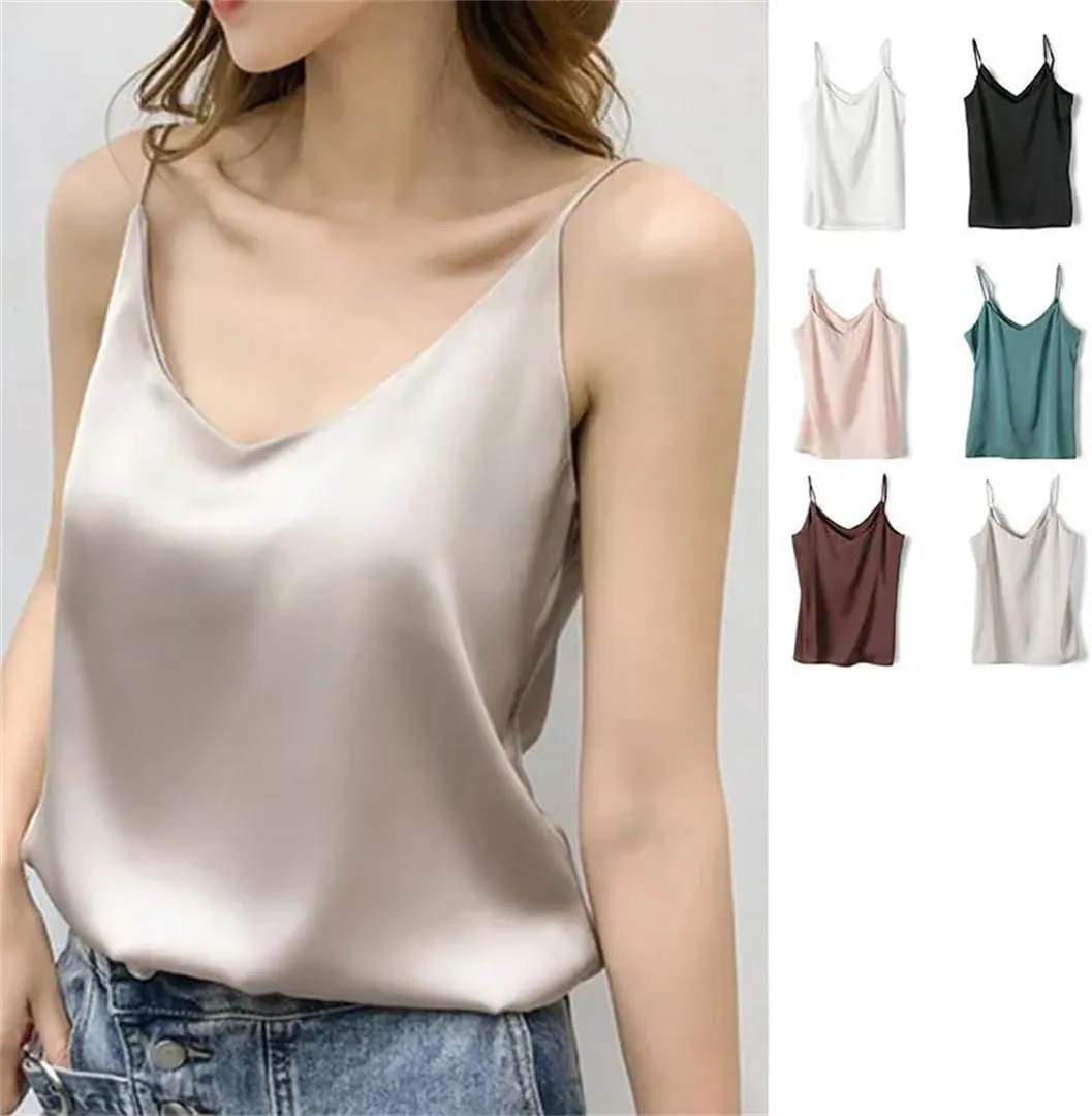 Women's Sexy Satin Cropped Top V Neck Bandeau Top Basic Camisole Summer Sleeveless Tank Top