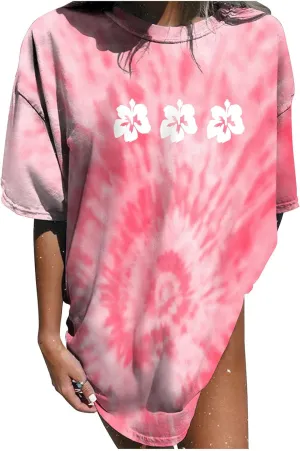 Womens Short Sleeve Tops Crewneck Tie Dye Shirts Oversized Tees T-Shirt Trendy Shirts Blouse Graphic Funny T Shirts