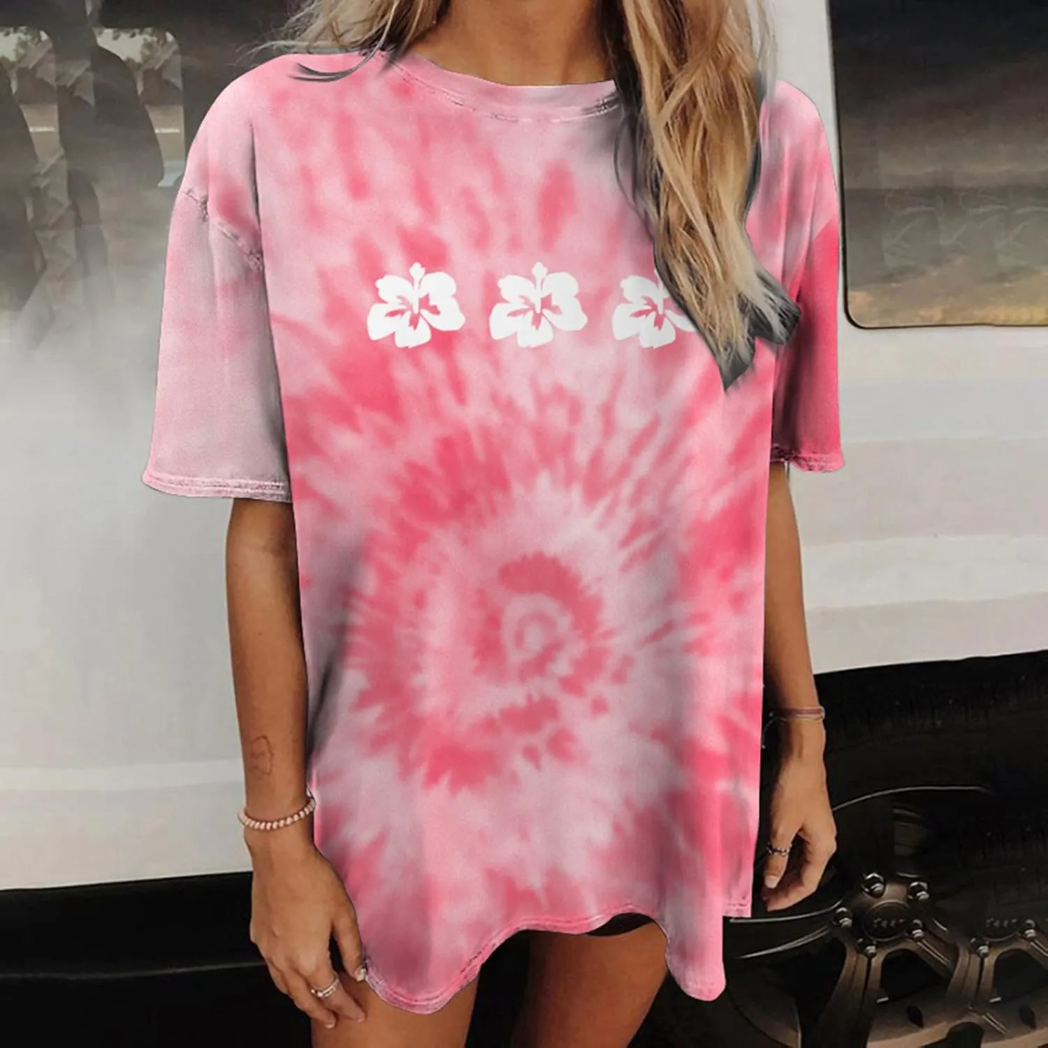 Womens Short Sleeve Tops Crewneck Tie Dye Shirts Oversized Tees T-Shirt Trendy Shirts Blouse Graphic Funny T Shirts