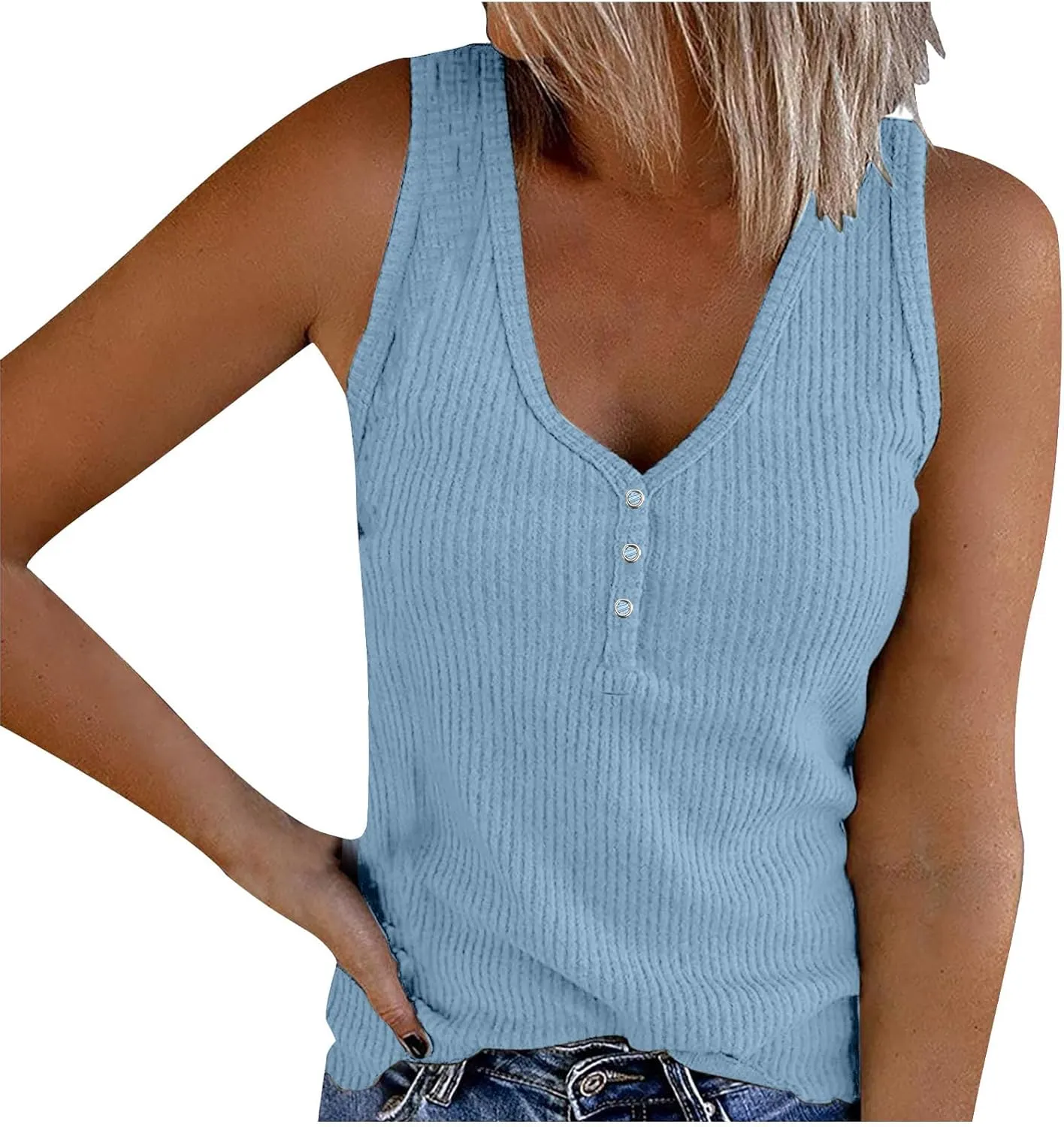 Women's Sleeveless Henley Shirts Ribbed Tank Tops V Neck Button Down Tshirt Summer Casual Tee Blouse