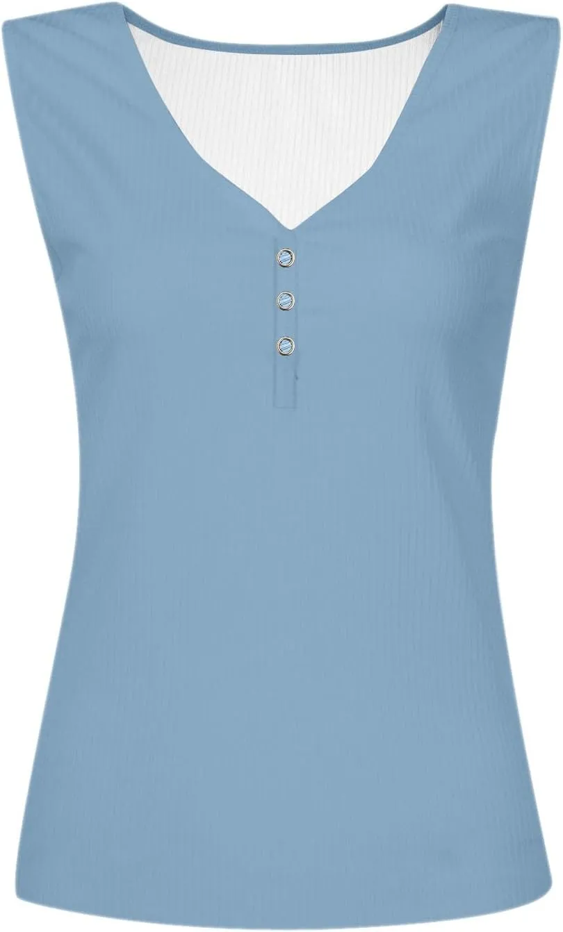 Women's Sleeveless Henley Shirts Ribbed Tank Tops V Neck Button Down Tshirt Summer Casual Tee Blouse