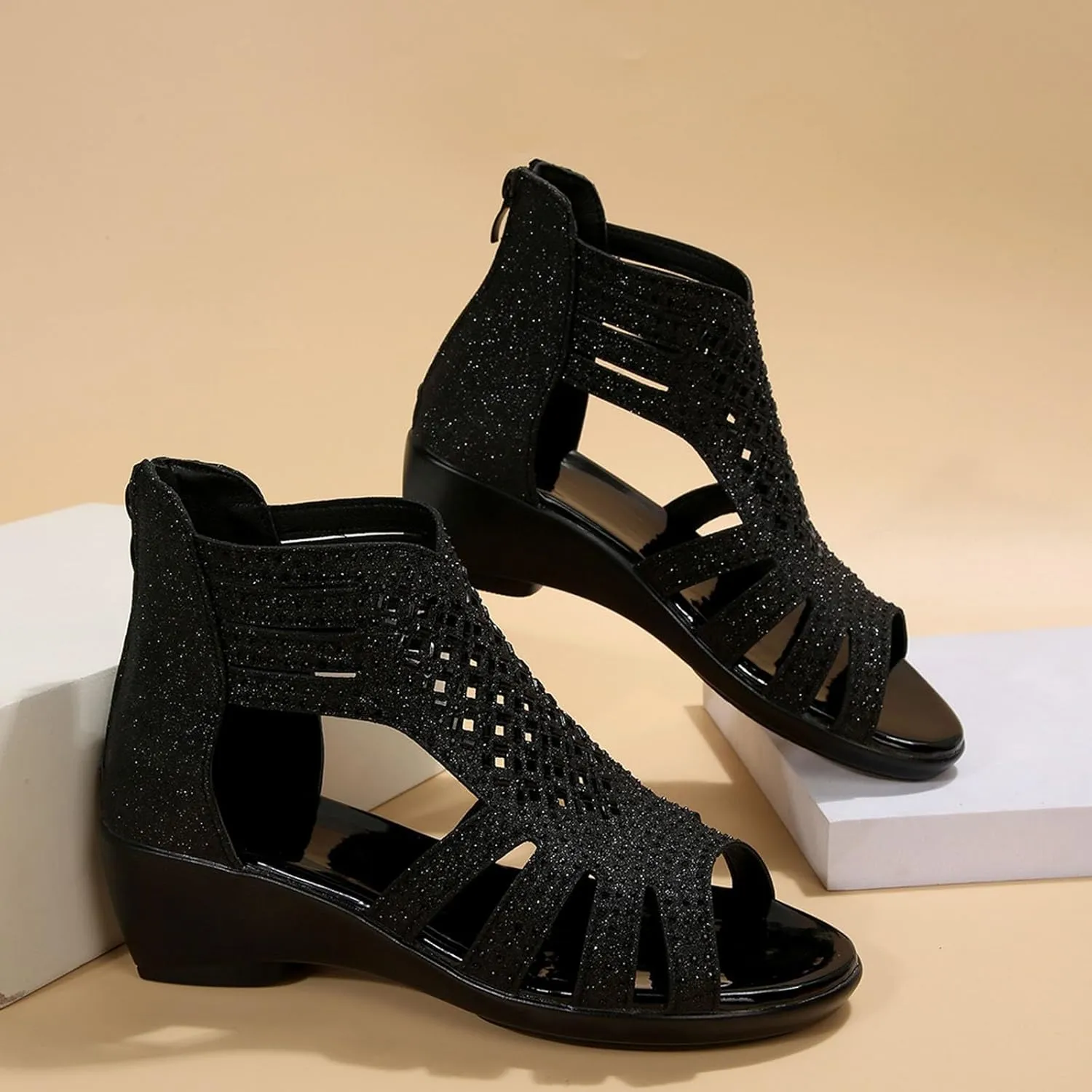 Women's Slide Wedge Sandal Open Toe High Heel Zipper Back Platform Orthopedic Sandals for Women Wide Width
