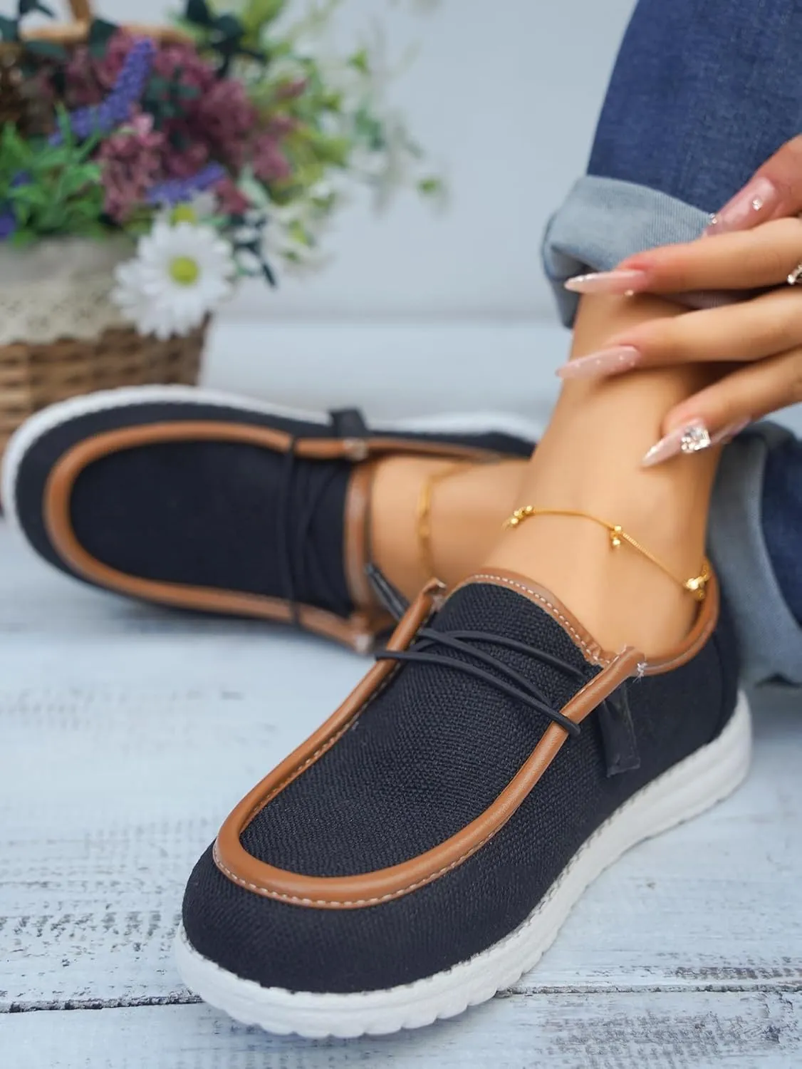 Women's Solid Comfortable Lace-up Loafers Orthopedic Ultralight Canvas Boat Casual Shoes with Arch Support Lightweight Slip On Sneakers