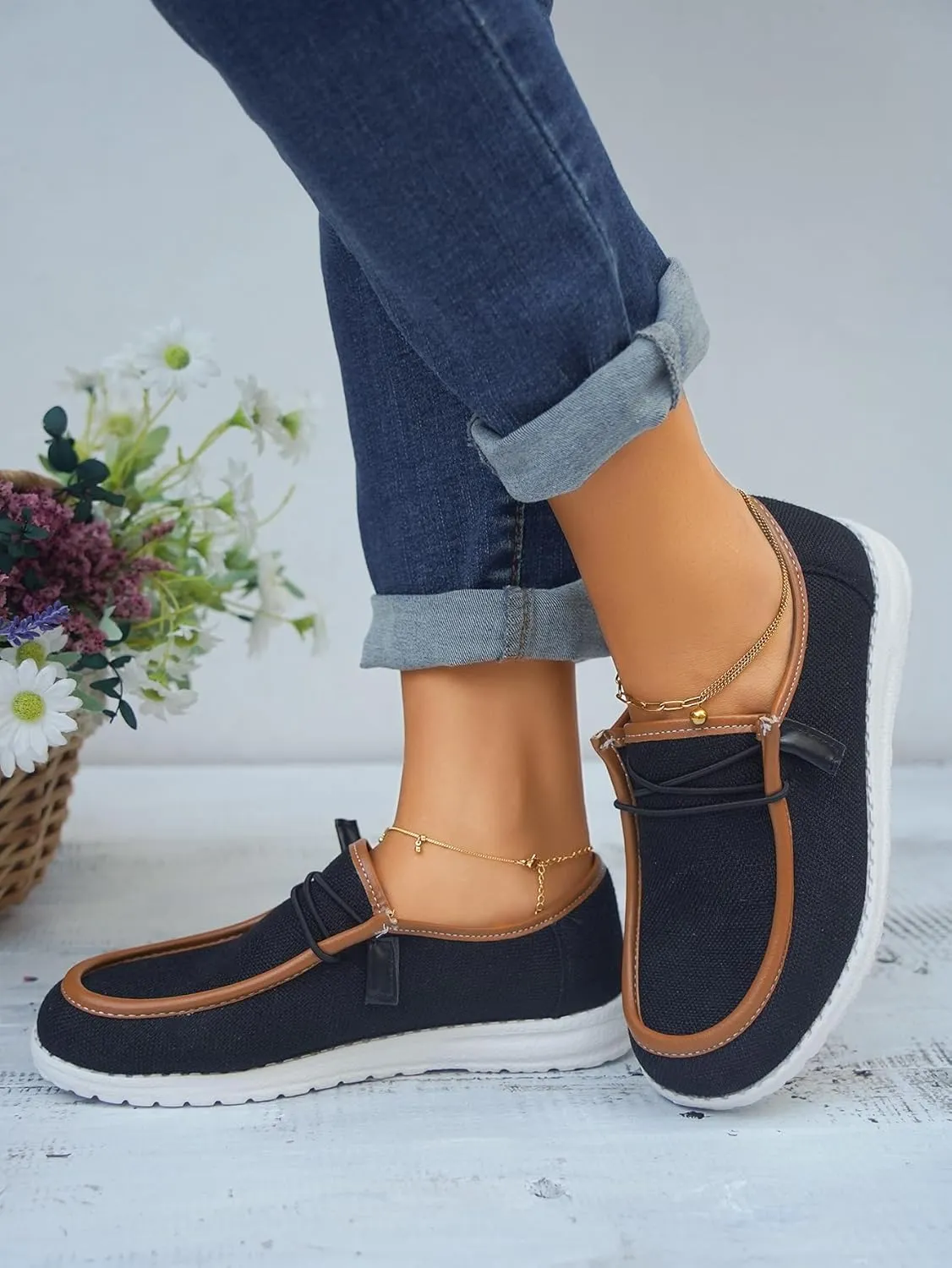 Women's Solid Comfortable Lace-up Loafers Orthopedic Ultralight Canvas Boat Casual Shoes with Arch Support Lightweight Slip On Sneakers
