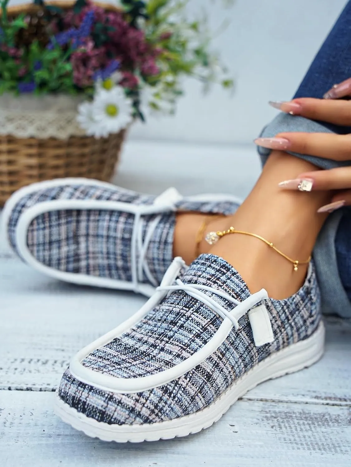 Women's Solid Comfortable Lace-up Loafers Orthopedic Ultralight Canvas Boat Casual Shoes with Arch Support Lightweight Slip On Sneakers