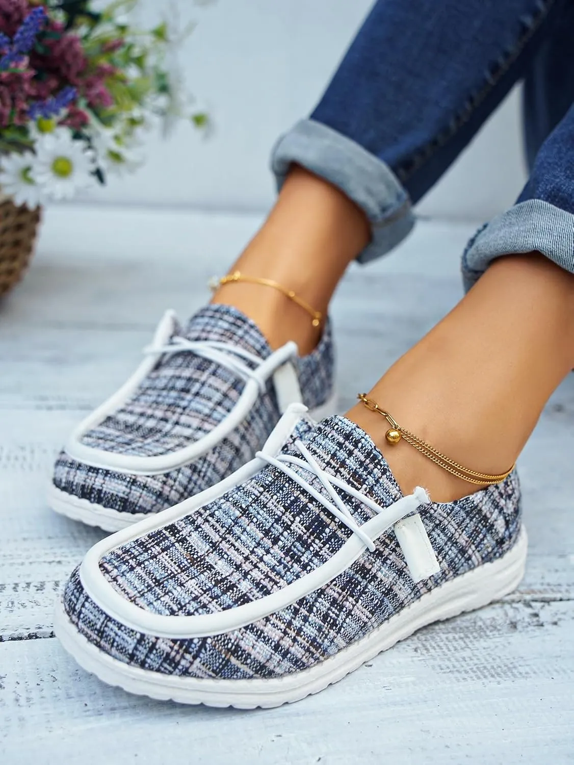 Women's Solid Comfortable Lace-up Loafers Orthopedic Ultralight Canvas Boat Casual Shoes with Arch Support Lightweight Slip On Sneakers