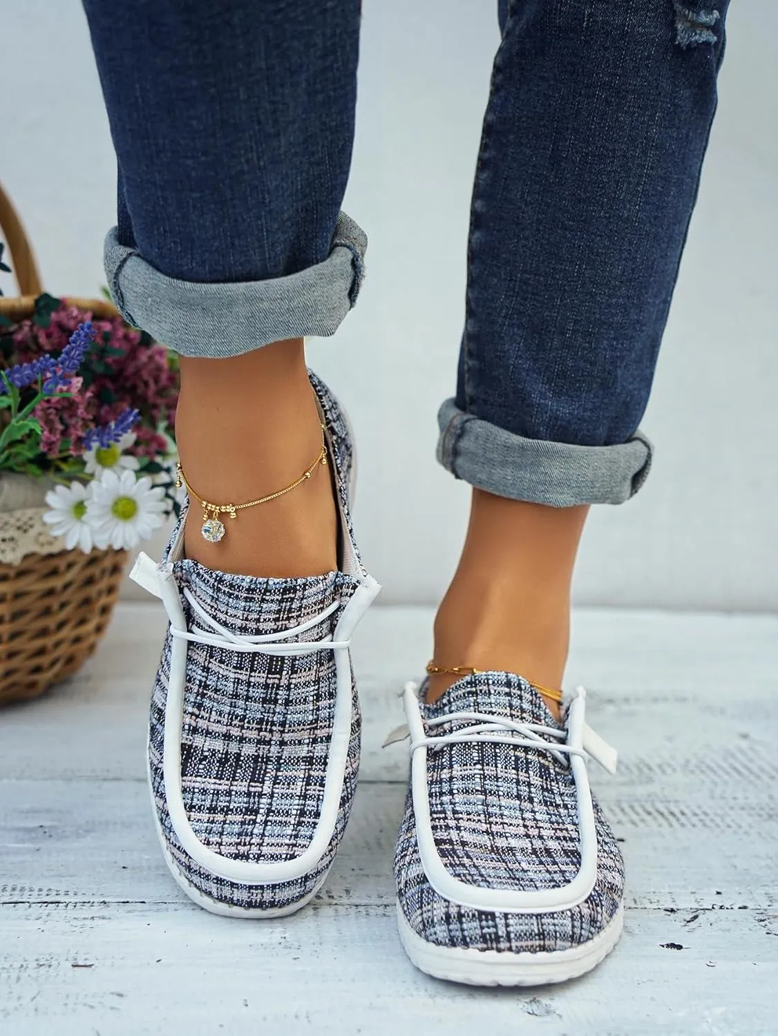Women's Solid Comfortable Lace-up Loafers Orthopedic Ultralight Canvas Boat Casual Shoes with Arch Support Lightweight Slip On Sneakers